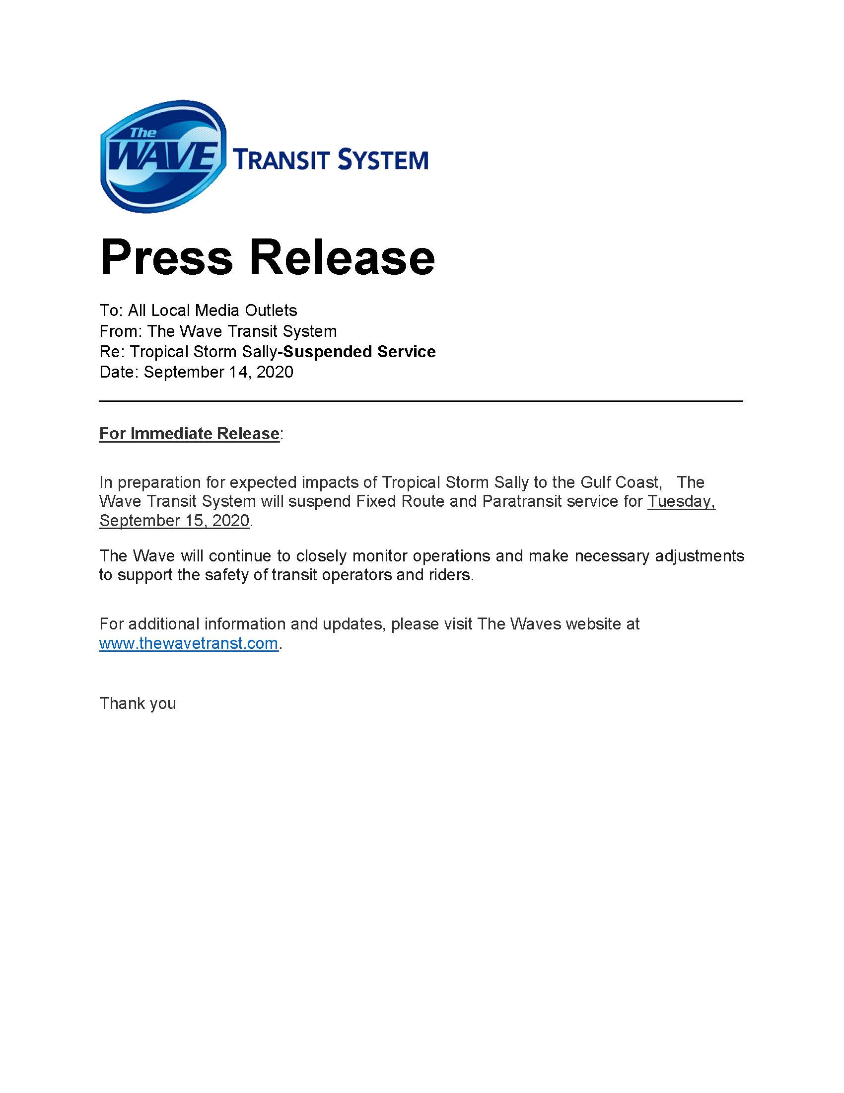 Wave Transit Notice-Suspended Service-Hurricane Sally