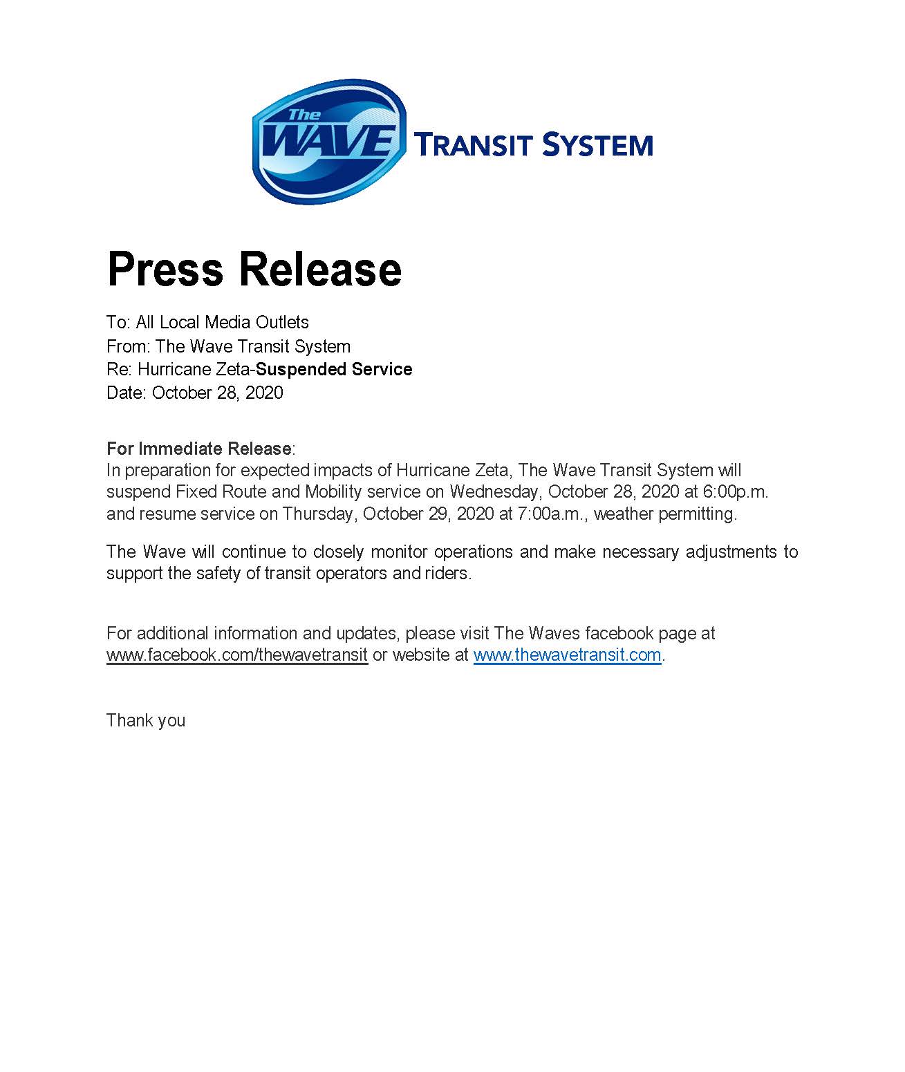 Hurricane Zeta-Suspended Final Service