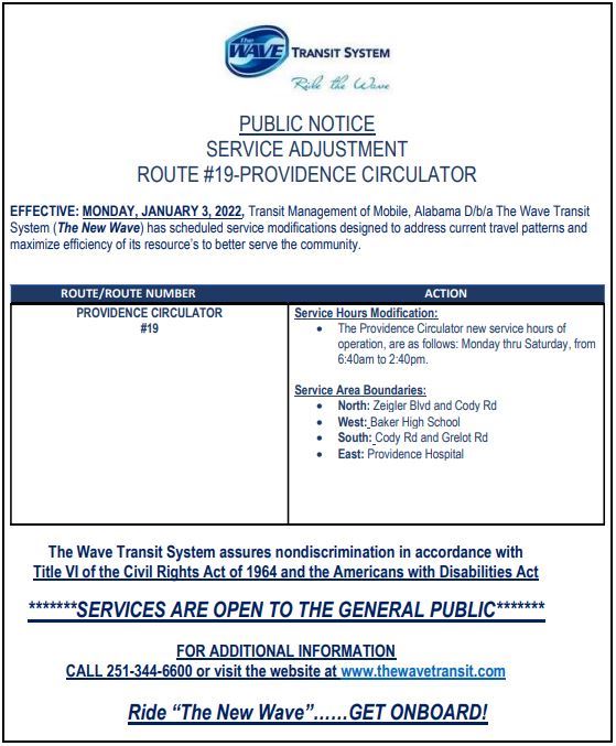 PUBLIC NOTICE SERVICE ADJUSTMENT ROUTE #19-PROVIDENCE CIRCULATOR EFFECTIVE: MONDAY, JANUARY 3, 2022,